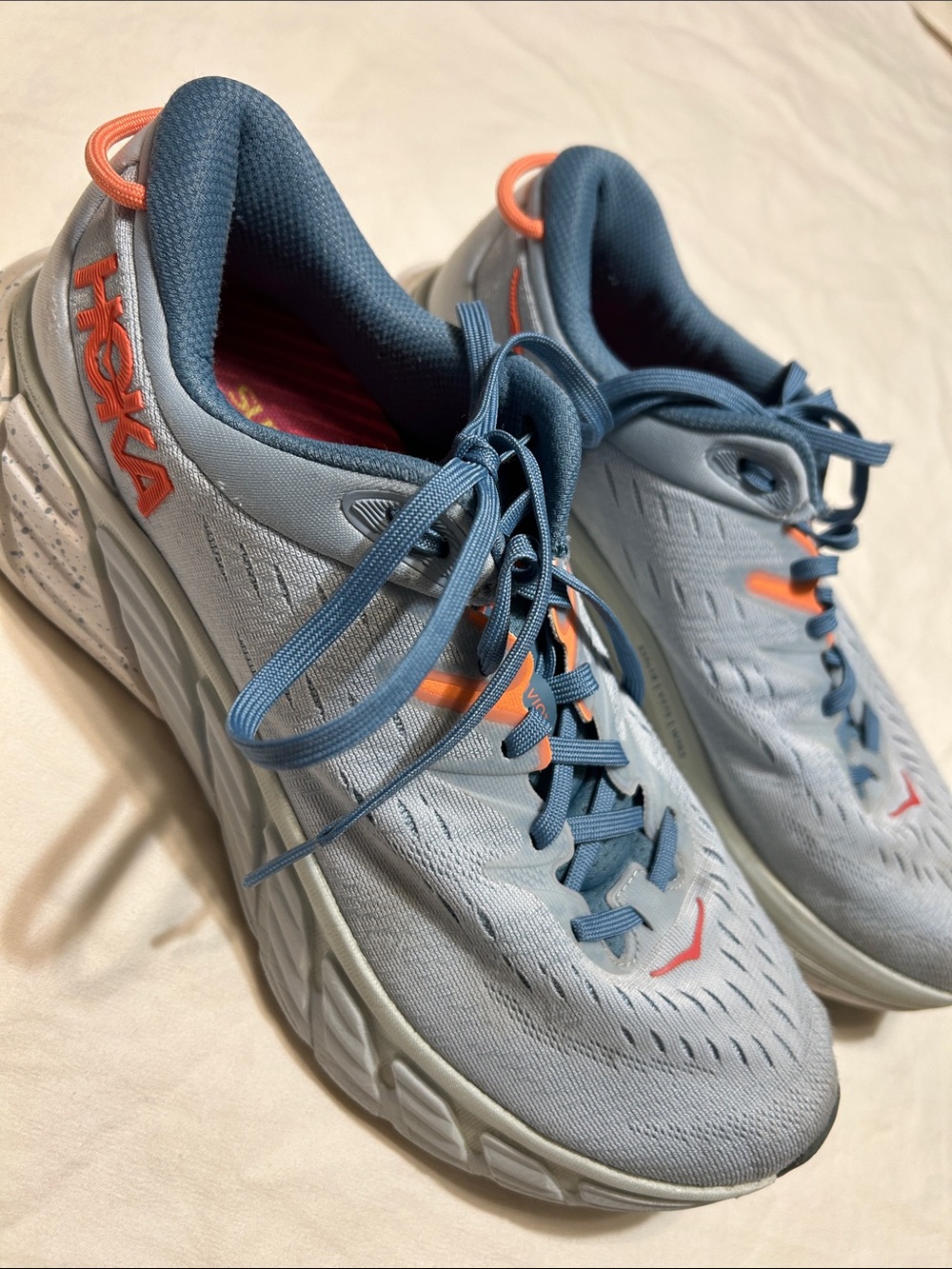 Hoka Women's Light Blue Running Shoes with Coral Accents